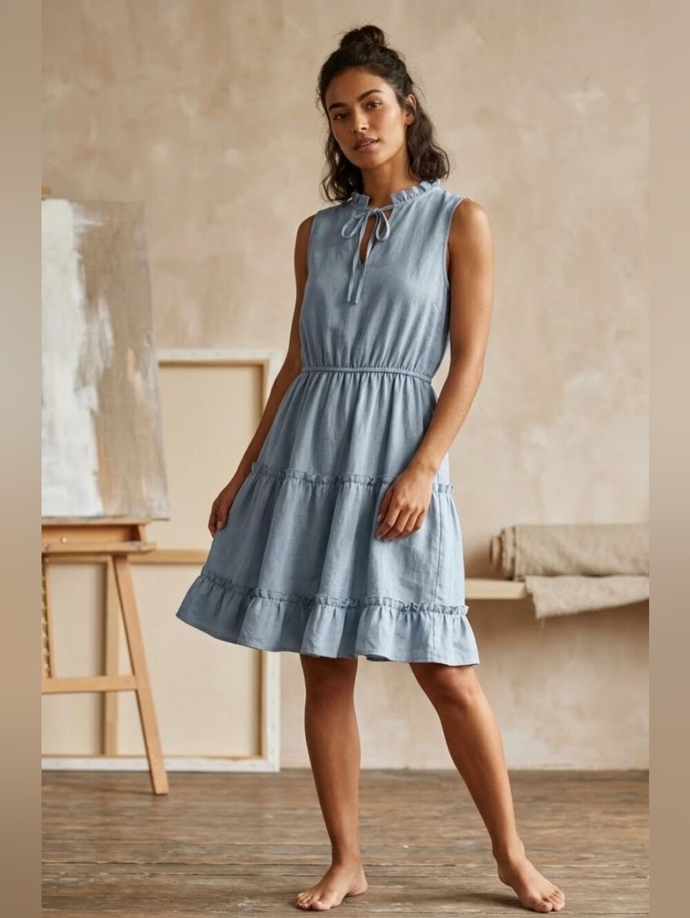 Sleeveless Light Blue Tiered Midi Dress with Ruffle Neck